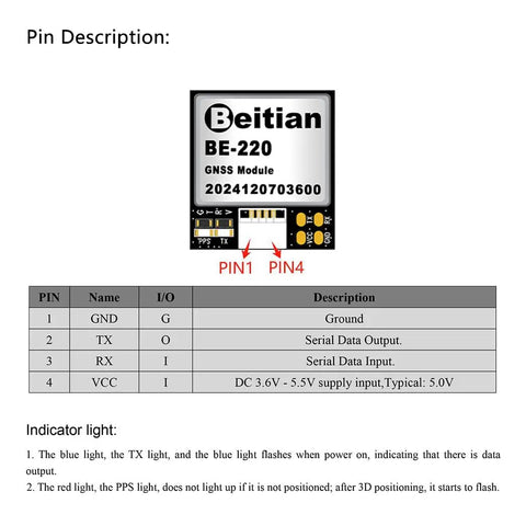 BE-220 FPV GPS Module With Dual Protocol M10 GNSS pin description and indicator light details.