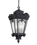 Victorian 4 Light Outdoor Pendant Light In Textured Black Finish With Clear Seeded Glass Panels showcasing ornate detailing.