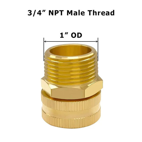 Solid Brass Garden Hose Adapter Three Quarter Inch NPT Male To Three Quarter Inch GHT Female Connector For Outdoor Watering Sturdy Connection Corrosion Resistant Durable Brass Fitting, 3/4 NPT male thread, 1" OD