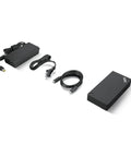 Heavy Duty Usb C Laptop Docking Station Dual Displayport Video Outputs With 135 Watt Power Supply, includes cables and adapter.