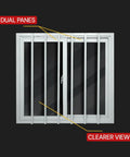 Hella Durable 44X44 Inch Dual Pane Sliding Window With Reinforced Security Bars And Weather Sealed PVC Frame For Shipping Containers Garages Tree Houses And Outdoor Storage Spaces with dual panes and bars.