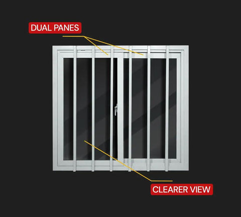 Hella Durable 44X44 Inch Dual Pane Sliding Window With Reinforced Security Bars And Weather Sealed PVC Frame For Shipping Containers Garages Tree Houses And Outdoor Storage Spaces with dual panes and bars.