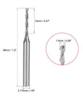 Carbide end mill router bit, 1/8 in shank, 1.5 mm diameter, 12 mm cutting length, 2-flute for wood (front view)