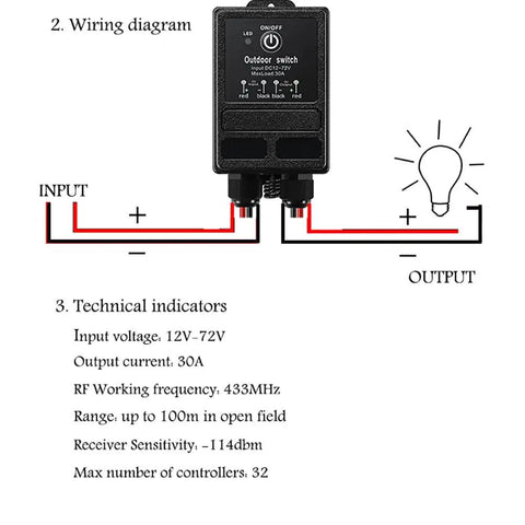 Beefy Waterproof Wireless Relay Switch For Outdoor Lighting With Long Range RF Remote, wiring diagram and technical specs.