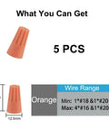 Orange Wire Connectors Nuts 5 Pack For Home Use, Easy DIY Wire Twists And Electrical Screw Cap Connections, dimensions shown.