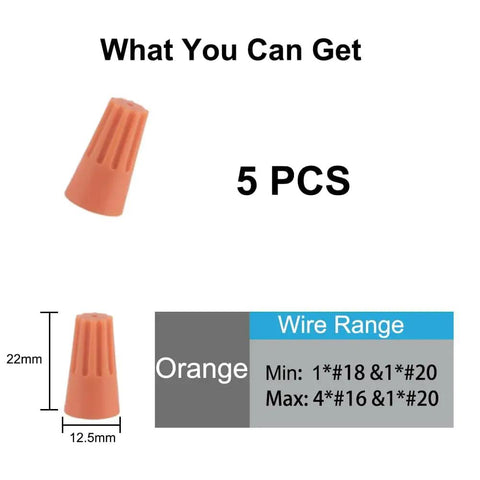 Orange Wire Connectors Nuts 5 Pack For Home Use, Easy DIY Wire Twists And Electrical Screw Cap Connections, dimensions shown.