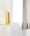 Recessed Finger Flush Pulls For Pocket And Sliding Barn Doors In Brushed Gold Stainless Steel Rectangular Door Pulls 6 Inch installed