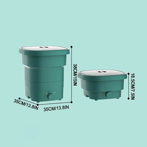Slick Portable Washing Machine With Hella Compact Folding Build That Is A Real Deal For Camping Trips And Dorm Rooms Featuring Lightweight 24 Liter Spin Cycle For Delicates And Gear. Green mini washer with dimensions 38cm height and 35cm width.