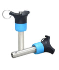 Top Tier 6mm Stainless Steel Quick Release Pin With Push Button Mechanism For Tool-Free Locking And Super Fast Connection On Your Gear, showing two pins with blue and black grips.