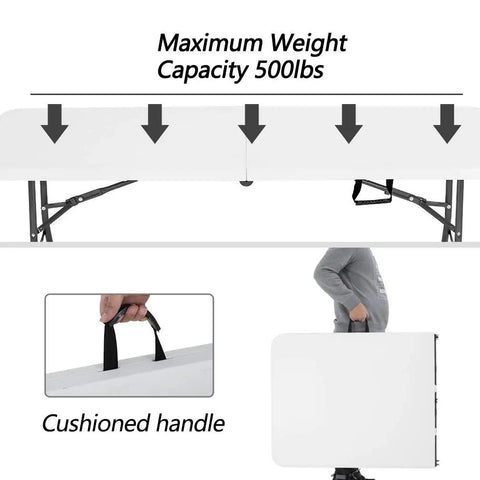 Six Foot Foldable Outdoor Camping Table Plastic White Square with sturdy steel legs, carrying handle, compact fold, supports 500lbs