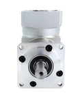 Built Different 60Mm Right Angle Planetary Gearbox For 60Mm Servo Motors, silver, compact design, front view showcasing gear input.