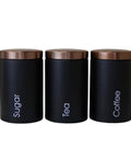 Solid Hella Airtight Metal Coffee Canister Set Keeps Your Beans Fresh And Tastes Dope With Wide Mouth Design, featuring black jars for sugar, tea, and coffee.