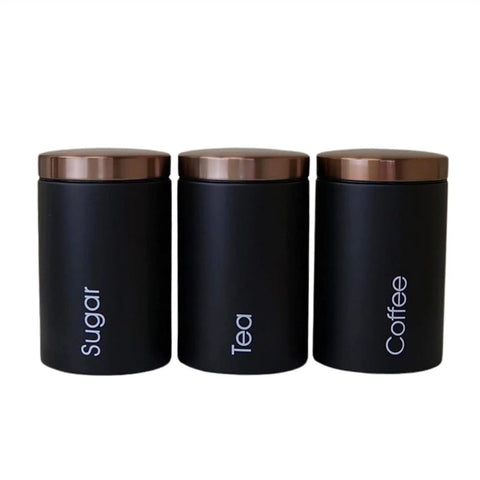 Solid Hella Airtight Metal Coffee Canister Set Keeps Your Beans Fresh And Tastes Dope With Wide Mouth Design, featuring black jars for sugar, tea, and coffee.