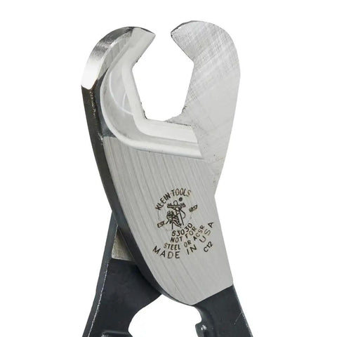 Close-up of One-Hand Coaxial Cable Cutter For 1 Inch Aluminum And Copper Made In USA with heat treated steel blades.