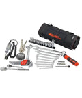 Ride Ready 48 Piece Motorcycle Tool Kit In A Compact Roll Up For Harley Davidson Indian And Other V Twin Bikes displayed with tools