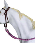 Roping Knotted Horse Tack Western Barrel Reins Nylon Braided Non Slip Grip Pink Black 60706 on white horse neck