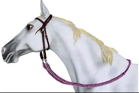 Roping Knotted Horse Tack Western Barrel Reins Nylon Braided Non Slip Grip Pink Black 60706 on white horse neck