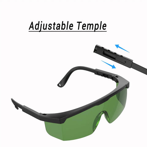 Kickass Heavy Duty Laser Safety Glasses With Strong OD4 Plus Shielding For Laser Engravers Cutters And Welders Featuring Anti Fog Lenses showing adjustable temple design.