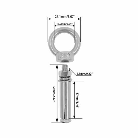 Heavy Duty Shoulder Eye Bolts 304 Stainless Steel For Concrete And Masonry Installations Wall And Ceiling Hooks Weatherproof Fasteners For Indoor Outdoor Use 5 Pack M6x60 shown with dimensions.