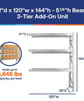 Heavy Duty Steel Pallet Rack Add On Unit 42X120X144 Inches Three Tier Industrial Storage Extender with three shelves