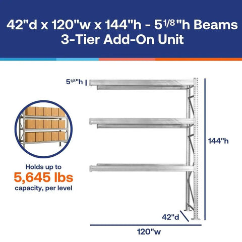 Heavy Duty Steel Pallet Rack Add On Unit 42X120X144 Inches Three Tier Industrial Storage Extender with three shelves
