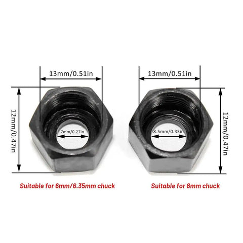 Two carbon steel nuts from Six Piece Router Bit Collet Chuck Set with measurements for 6mm to 8mm chucks