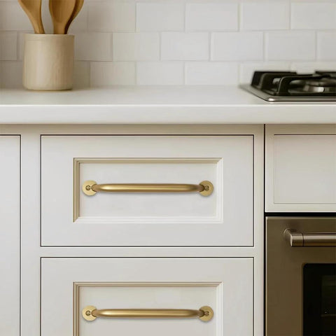2 Pack 4 Inch Hole Center Brushed Gold Cabinet Pulls Heavy Duty Solid Drawer Handles For Kitchen Vanity Bathroom And Furniture Durable Matte Gold Hardware Suitable For Cabinets Drawers Wardrobes Dressers To Create A Cohesive High End Look installed on white kitchen drawers