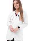 Unisex Lab Coat Classic 31 Inch Consultation Coat White 805 with long sleeves, two large patch pockets, worn by medical professional