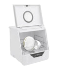 Slick Compact Countertop Dishwasher With Four Fast Wash Cycles And Chill Noise Level To Blast Dirty Dishes For Household Crews And Small Apartment Sets, open with dishes inside.