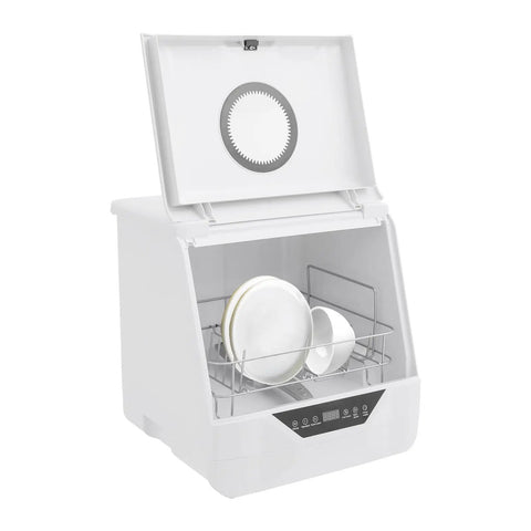 Slick Compact Countertop Dishwasher With Four Fast Wash Cycles And Chill Noise Level To Blast Dirty Dishes For Household Crews And Small Apartment Sets, open with dishes inside.