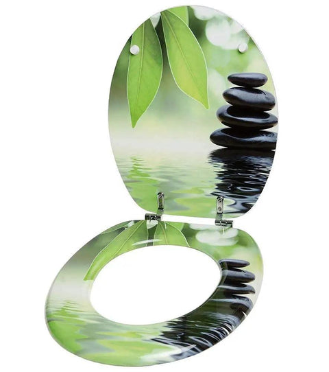 Built Tough Soft Close Toilet Seat Featuring Adjustable Hinges And Heavy Duty Urea Formaldehyde Structure with a nature theme design.