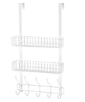 Over The Door Coat Rack With Mesh Basket And Detachable Storage Shelf, white finish, hooks and mesh baskets visible