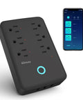 Smart Power Strip With 3 Individually Controlled Outlets And 3 USB Ports, Surge Protector 15A 1800W shown with app control.