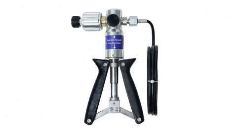 Heavy Duty Pneumatic Pressure Calibration Hand Pump With Dead On Accurate Readings and Quick Vacuum Response, black grip, compact design.