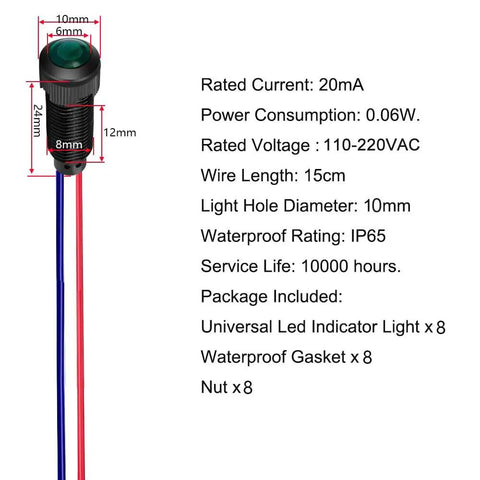 Green LED Indicator Pilot Light Kit For Panels 110VAC 8mm Mounting Hole Flame Retardant Plastic Shell 8 Pieces For Clear Status Signals And Emergency Alerts Easy To Install In Industrial Control Panels For Clear Status Alerts And Quick Diagnostics, black 10mm pilot light