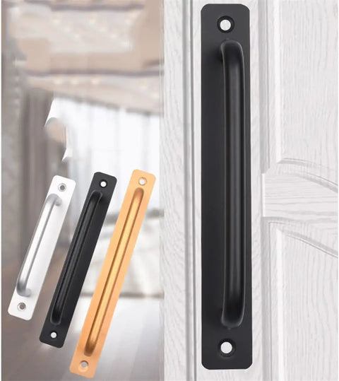 Gold Aluminum Alloy Cabinet Handles And Knob Set 2 Pack Sliding Barn Door Pulls For Cabinets Drawers Kitchen And Dresser 224mm Hole Distance Iron Style Durable Smooth Finish For Modern Home Your Go To Hardware displayed on door