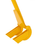 Yellow 43 Inch Pallet Breaker Tool With Articulating Pivot Head For Easy Pallet Disassembly, Deck Wrecker Pry Bar And Deck Board Removal, No Wood Splitting, Ideal For Garage, Workshop Or Warehouse Projects. Close-up of pivot head.