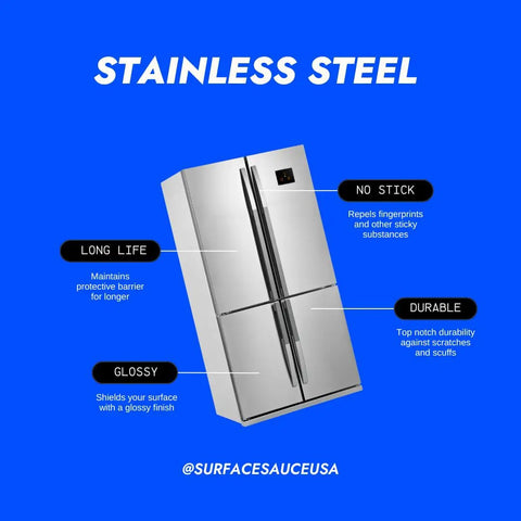 Stainless steel refrigerator treated with Nano Ceramic Multi Surface Sealer That Restores And Protects Stainless Steel, Wood, Painted Metal And Plastics