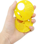 Beekeeping Entrance Gate Set for Nuc Boxes, shown hand holding yellow plastic beehive gates with vent holes