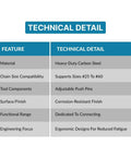 Technical details chart for Heavy Duty Roller Chain Connector Puller Holder Tool with carbon steel and corrosion resistance.