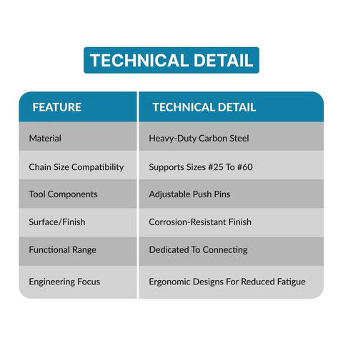 Technical details chart for Heavy Duty Roller Chain Connector Puller Holder Tool with carbon steel and corrosion resistance.