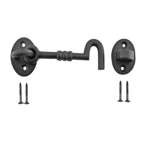 5 Inch Wrought Iron Hook And Eye Door Latch With Mounting Hardware, Rust Resistant Black Powder Coat Finish, Tough Built