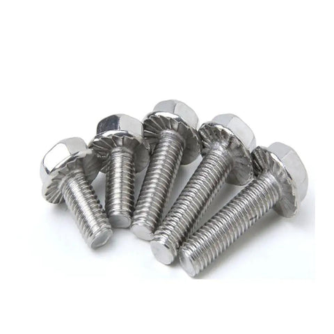 Heavy Duty M12 X 35mm Stainless Steel Hex Flange Bolt With Serrated Flange And Built Tough Grip For Easy Installation On Any Project Badass Fastener that keeps everything tight and secure, group of five bolts.