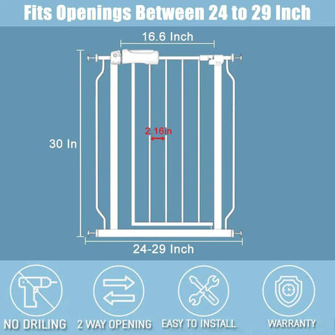Diagram of Adjustable Narrow Baby Gate Fits 24 To 29 Inches Wide Pressure Mounted No Drill Walk Through Metal Safety Gate