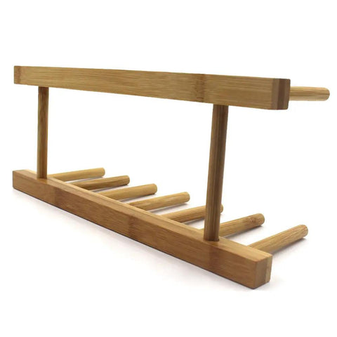 Slick Countertop Space Saver Bamboo Dish Rack And Vertical Plate Lid Organizer, compact bamboo holder for six cutting boards.
