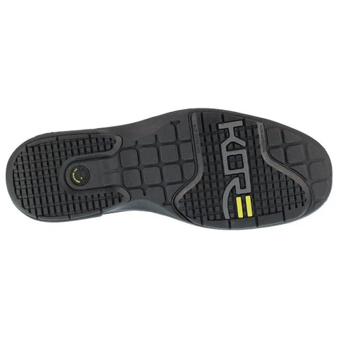 Loedin Chelsea Work Boot With Steel Toe For Men Slip On Dress Boot In Black Leather Cushioned Footbed showing rubber outsole design.