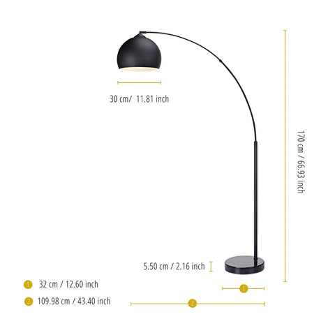 Arc Floor Lamp With Faux Black Marble Base And Black Bell Shade For Living Room Office Dining Room And Bedroom Mid Century Modern Vibe With Ambient And Task Lighting On Off Foot Switch And A Long 78 Inch Cord, showing dimensions.