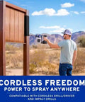 Man using Portable Cordless Drill Connect Paint Sprayer featuring a compact application cup on a wooden fence.