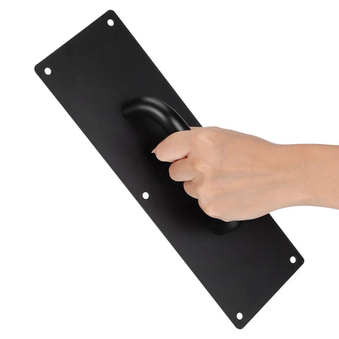 Hand holding Black Stainless Steel Door Handle Pull Plate For Commercial Doors Push Pull Backplate Durable 304 Stainless Long Lasting