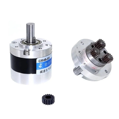 Built Tough 45 Mm Planetary Motor Reducer Featuring High Precision Full Metal Gearbox with smooth shaft, gears, and metal casing.